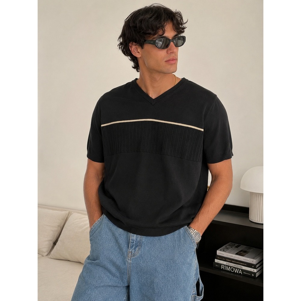 Vintage Y2K V-Neck Knit Sweater Mens Size XL Black Cotton Short Sleeve